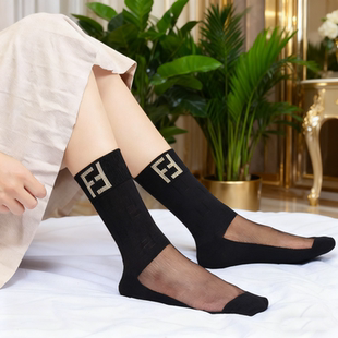 高腰黑色棉底水晶中筒袜网红防勾丝简约女袜2025年舒适纯棉棉袜春