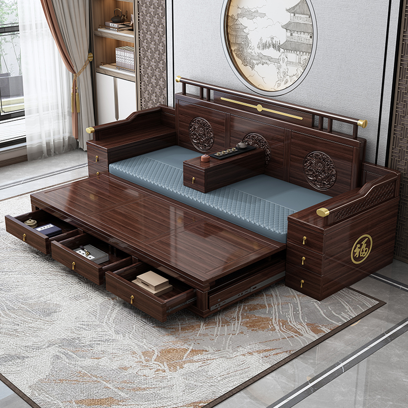 新中式紫金檀木实木沙发床组合客厅大小户型罗汉床雕花伸缩木沙发