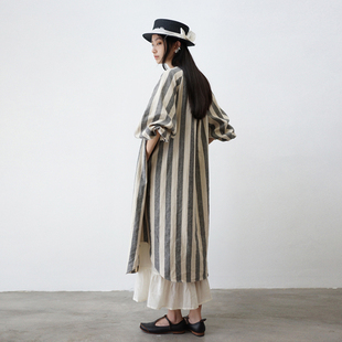 泡泡袖亚麻棉 灰黑宽条纹连衣裙 ATELIERSOMEPIECE 工碎