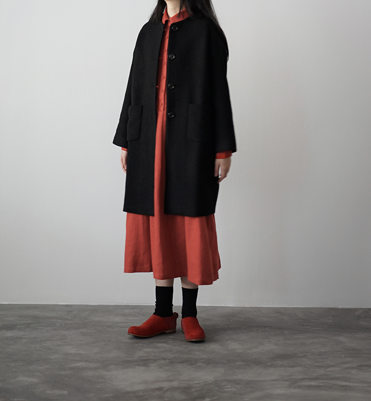 毛呢羊毛中长款廓形黑色无领外套