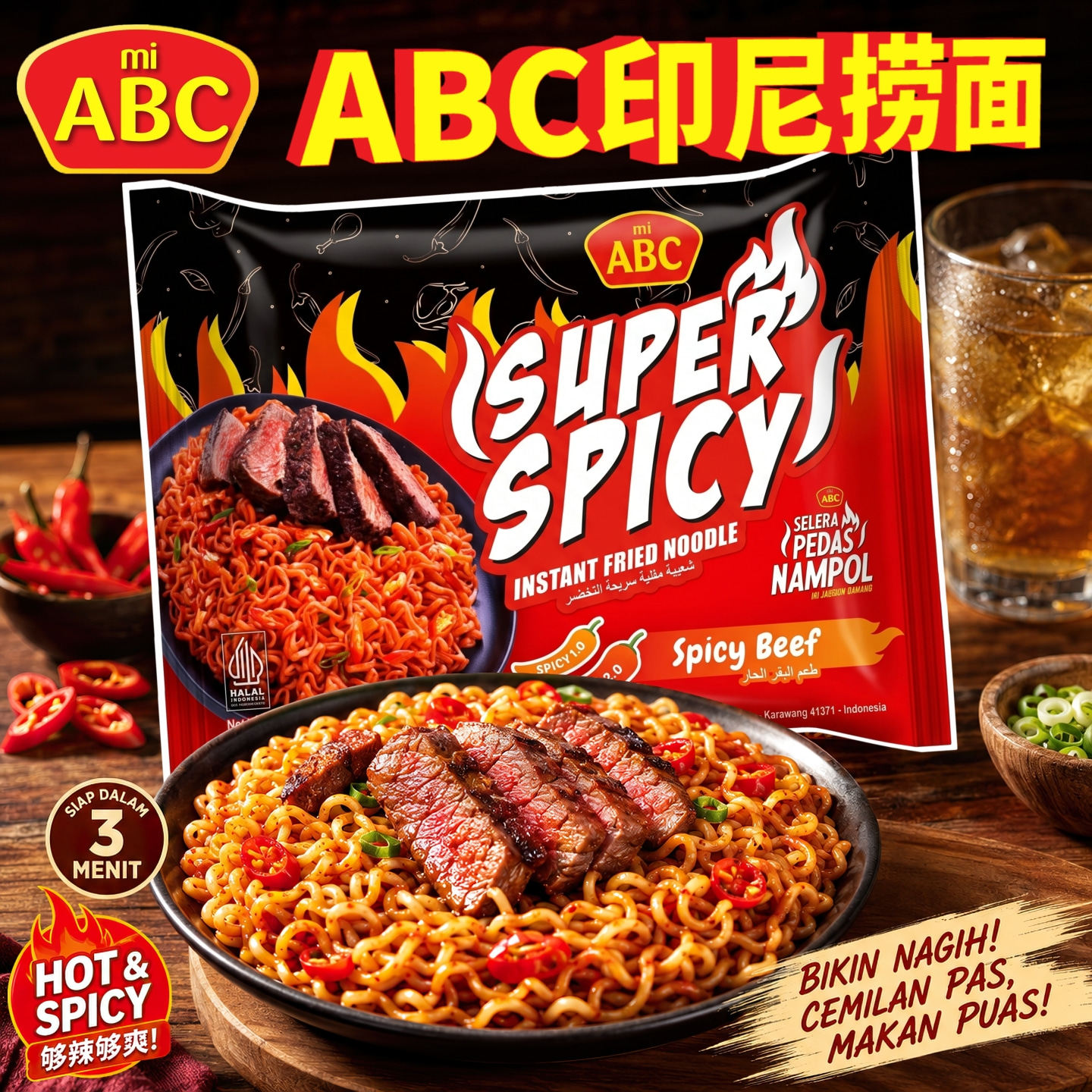 印尼捞面mi ABC辣牛肉捞面4连包 超辣牛肉味炒面方便面干拌面泡面
