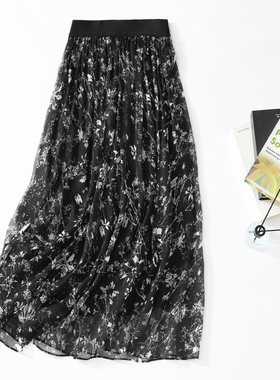 真丝长裙2026新款大摆百褶裙黑色碎花A字群修身显瘦大码半身裙