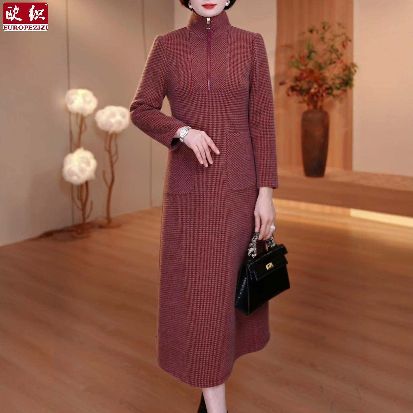 秋冬新款立领简约连衣裙大码女装X气质显瘦款时尚中长款减龄裙子