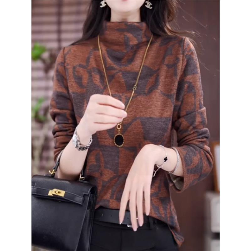 加绒加厚保暖打底衫女士妈妈款春秋冬装小衫长袖内搭印花德绒上衣