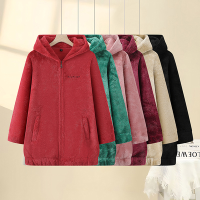 中年妈妈装双面摇粒绒外套女中长款大码加厚保暖抓绒上衣洋气卫衣