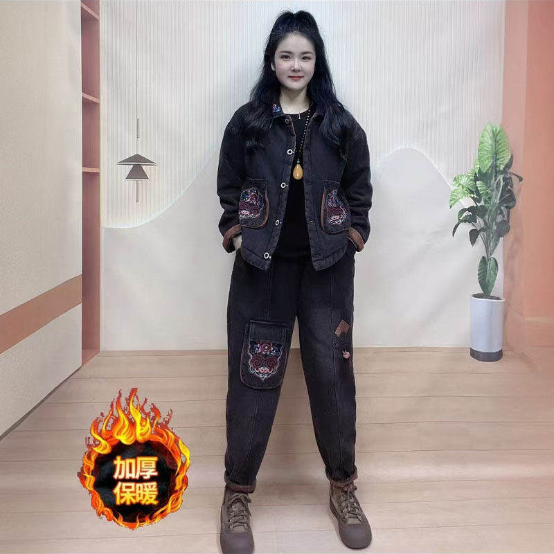 冬季新款加棉加厚贴布牛仔套装女H洋气复古显瘦加绒老爹裤两件套
