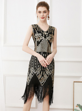 欧美复古盖茨比舞会礼服舞裙V领亮片珠绣流苏背心大码连衣裙