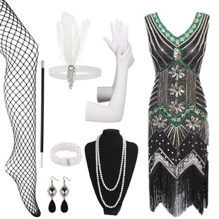 亚马逊热卖 欧美1920S复古亮片流苏裙盖茨比舞会晚礼服含配件套装