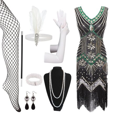 亚马逊热卖欧美1920S复古亮片流苏裙盖茨比舞会晚礼服含配件套装