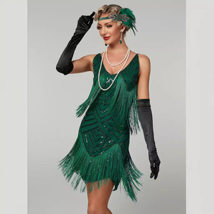 吊带亮片流苏裙1920欧美复古盖茨比舞会聚会V领大码 晚礼服连衣裙