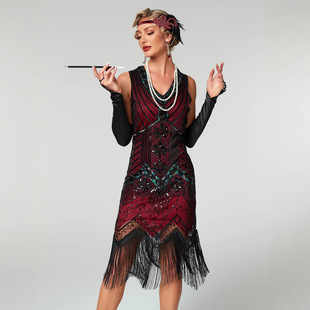 速卖通亚马逊爆款 1920复古风亮片钉珠连衣裙前后V领时尚 流苏礼服