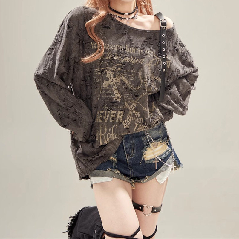 废土风漏肩辣妹印花罩衫上衣女 破洞松弛感慵懒长袖t恤夏季防晒潮