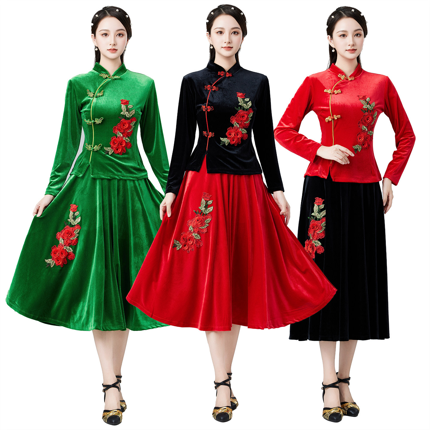 广场舞服装新款套装金丝绒大摆裙冬装长裙成人舞裙高领跳舞衣服女