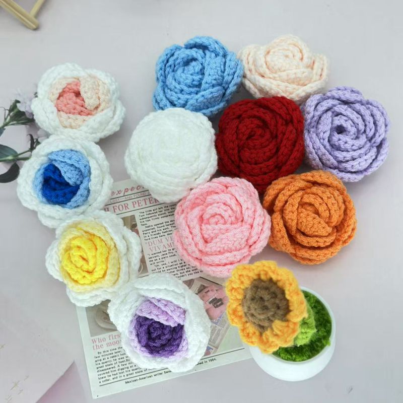 成品手工编织玫瑰花仿真花毛线钩织花朵DIY手工花束辅料节日礼物图片