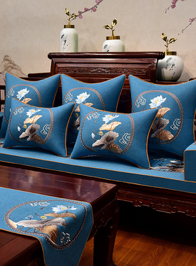中式红木沙发坐垫棉麻刺绣古典实木家具椅垫靠垫罗汉床垫防滑定制