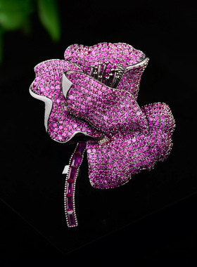 欧美重工紫色花朵胸花时尚大气满锆别针高档奢华晚宴礼服胸针配饰