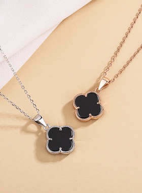 S999足银四叶草花朵吊坠女小众设计高级感玛瑙锁骨链纯银项链礼物