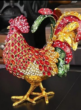金属珐琅彩镶钻新中式大红公鸡摆件家居饰品中式凤尾公鸡招财礼品