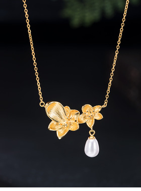 素十八s925银镀金天然珍珠梅花凌霄花灯笼花项链温婉通勤花卉首饰