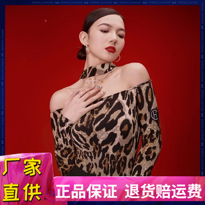 拉丁舞练习服豹纹长袖一字领上衣