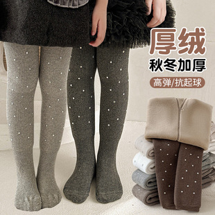 冬季女童打底袜加绒加厚竖条纹亮钻满天星连裤袜宝宝打底裤连体裤