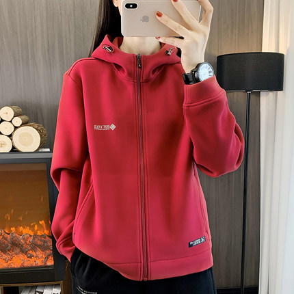 加绒运动服外套女休闲连帽夹克开衫男秋冬季宽松短款加厚保暖卫衣
