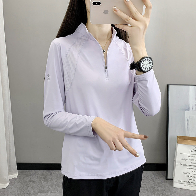户外运动速干长袖t恤女春秋薄款透气跑步健身瑜伽半拉链翻领上衣