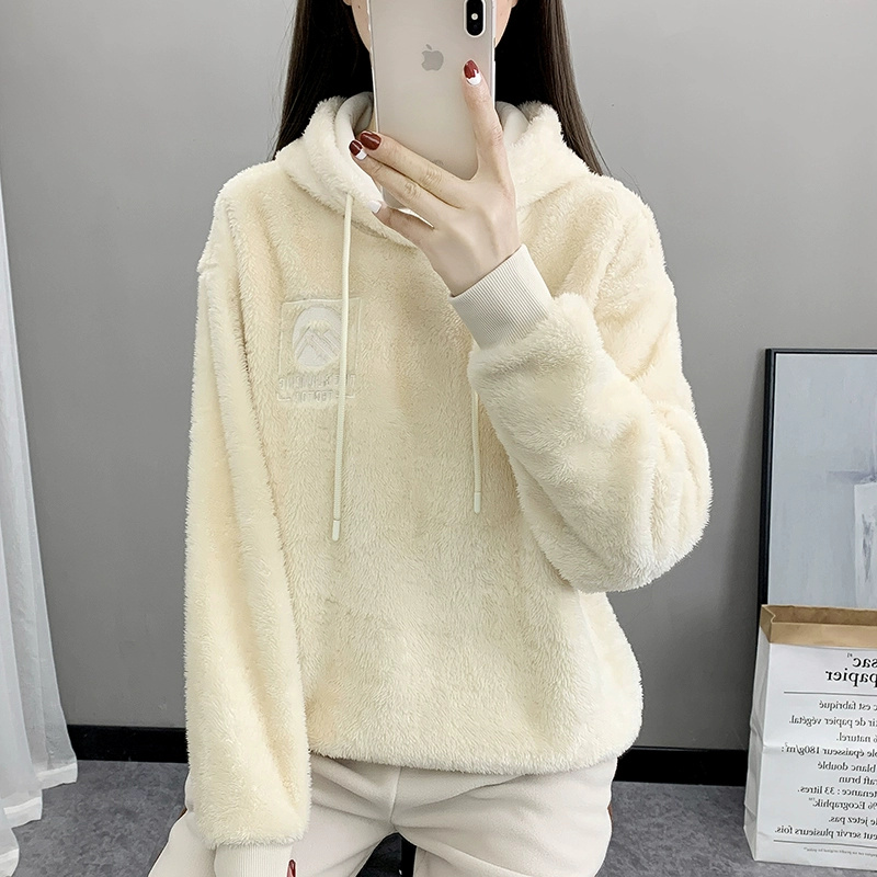 珊瑚绒女户外抓绒衣秋冬连帽开衫休闲徒步登山装加绒加厚保暖外套