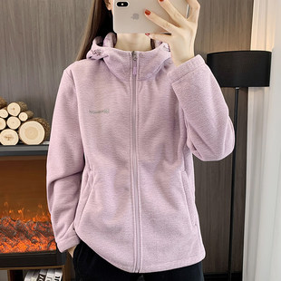 阳离子短毛连帽抓绒衣女秋冬季加绒加厚保暖开衫上衣摇粒绒外套