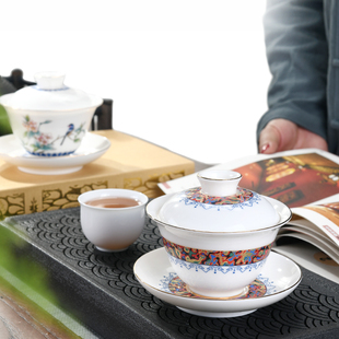 陶瓷羊脂玉瓷三才盖碗敬茶碗LOGO礼品定制公司开业店铺活动伴手礼