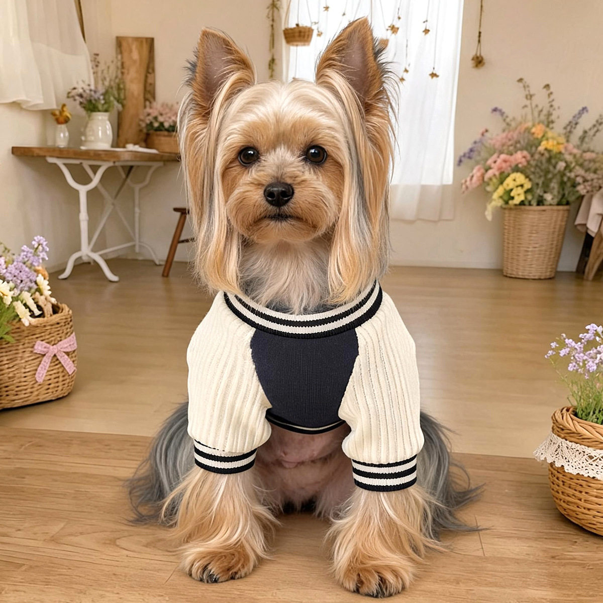 藏青拼色小熊刺绣猫外出棒球服