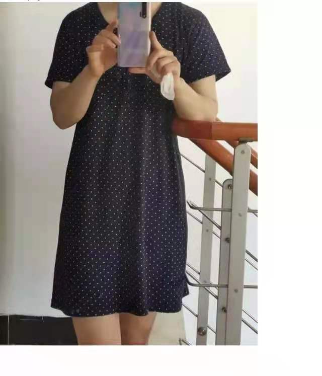 家居裙女士睡裙纯棉波点中长款圆领套头半袖加大加肥