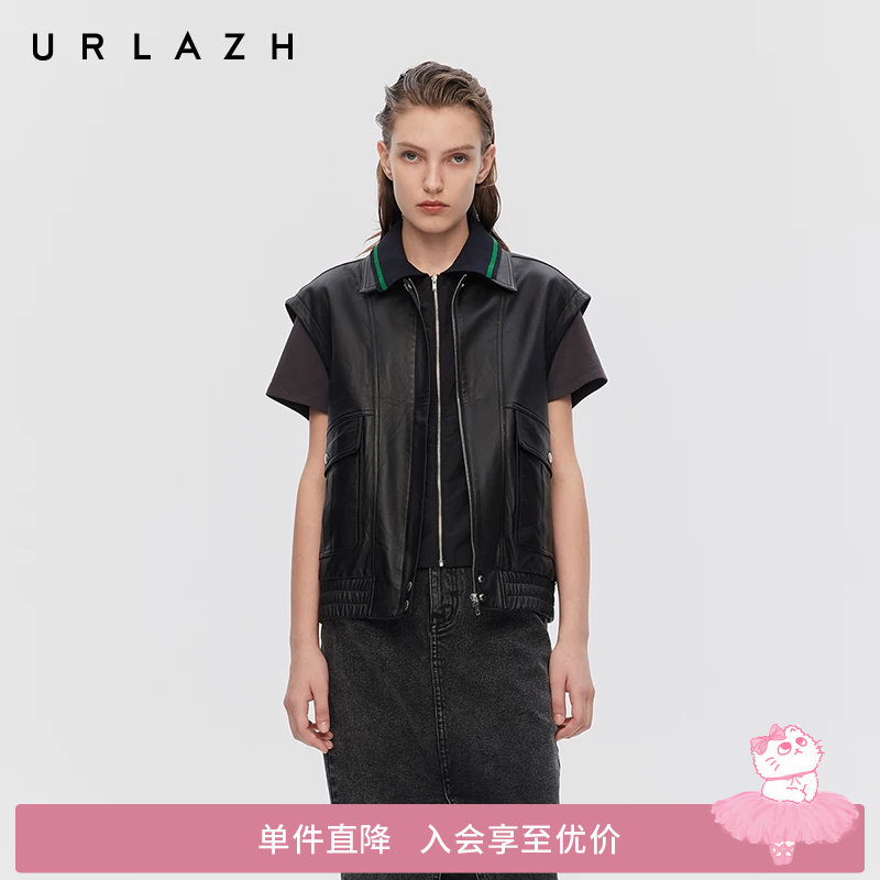 URLAZH有兰春季新款复古风黑色双层领口假两件无袖绵羊皮衣背心女