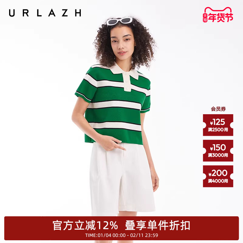 URLAZH有兰夏季新款复古风轻运动三色元气宽条纹POLO衫短袖上衣女,女装/女士精品,POLO衫,淘宝优惠券,粉丝福利购,淘宝优惠卷
