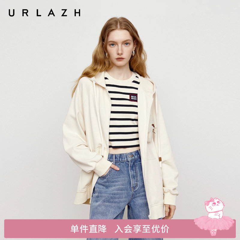 URLAZH有兰秋季新款元气减龄风插肩袖玩偶装饰运动连帽卫衣外套女