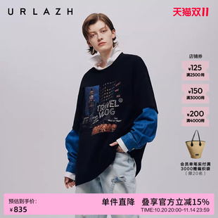 T恤 街头潮感上衣休闲宽松假两件圆领百搭长袖 URLAZH有兰秋季 新款