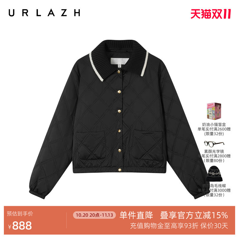 URLAZH有兰冬季新款复古黑可拆卸领口休闲宽松短款夹克棉服外套女