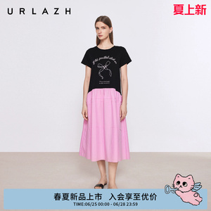 商场同款URLAZH有兰2026夏季新款圆领撞色拼接A字泡泡粉连衣裙女