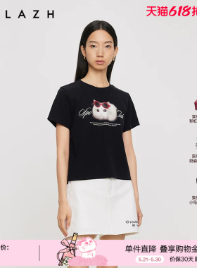 URLAZH有兰夏季新款甜酷风黑色圆领正肩萌趣猫咪印花短袖T恤上衣