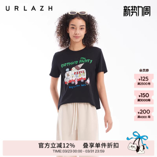 正肩T恤女 黑色减龄夏日派对印花简约圆领短袖 URLAZH有兰夏季 新款