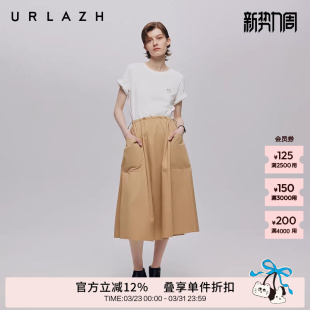 短袖 URLAZH有兰秋季 假两件圆领拼接中长款 解构式 休闲连衣裙女 新款