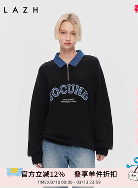 商场同款URLAZH有兰2025秋季新款黑色牛仔拼接复古学院风美式卫衣