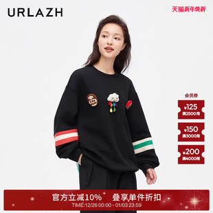 URLAZH有兰新款 圆领卫衣女LM3SW90 黑色简约休闲圆领长袖