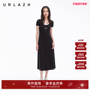 新款 长款 经典 修身 连衣裙女 黑简约休闲复古圆领短袖 URLAZH有兰夏季
