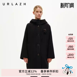 URLAZH有兰冬季 萌趣连帽羊毛简约学院风休闲百搭毛呢大衣外套 新款