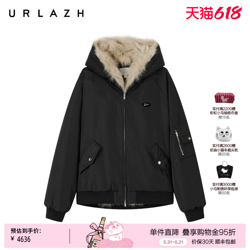 URLAZH有兰冬季新款复古插肩袖狐狸大毛领宽松棉服飞行员夹克外套