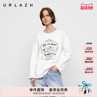 URLAZH有兰秋季新款减龄元气风U等等猫咪植绒印花圆领长袖T恤上衣