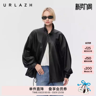 黑色羊皮革小翻领落肩夹克皮衣女 复古怀旧经典 URLAZH有兰春季 新款