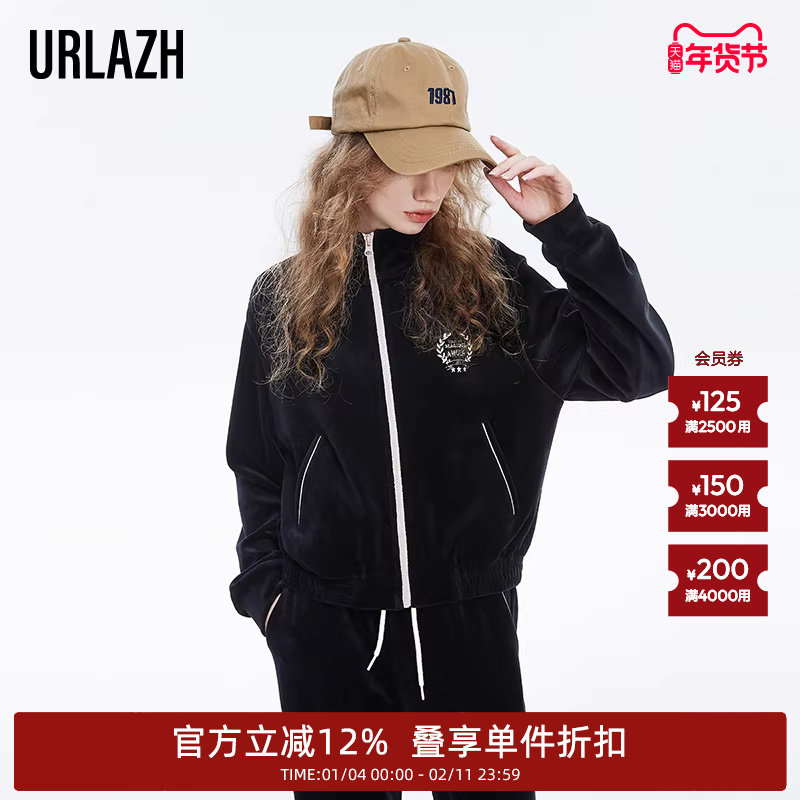 URLAZH有兰春秋新款复古气质黑色短款运动休闲刺绣外套上衣女