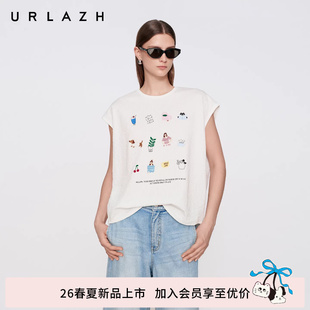 商场同款 新款 小清新白色圆领无袖 插画绣花T恤 URLAZH有兰2026夏季